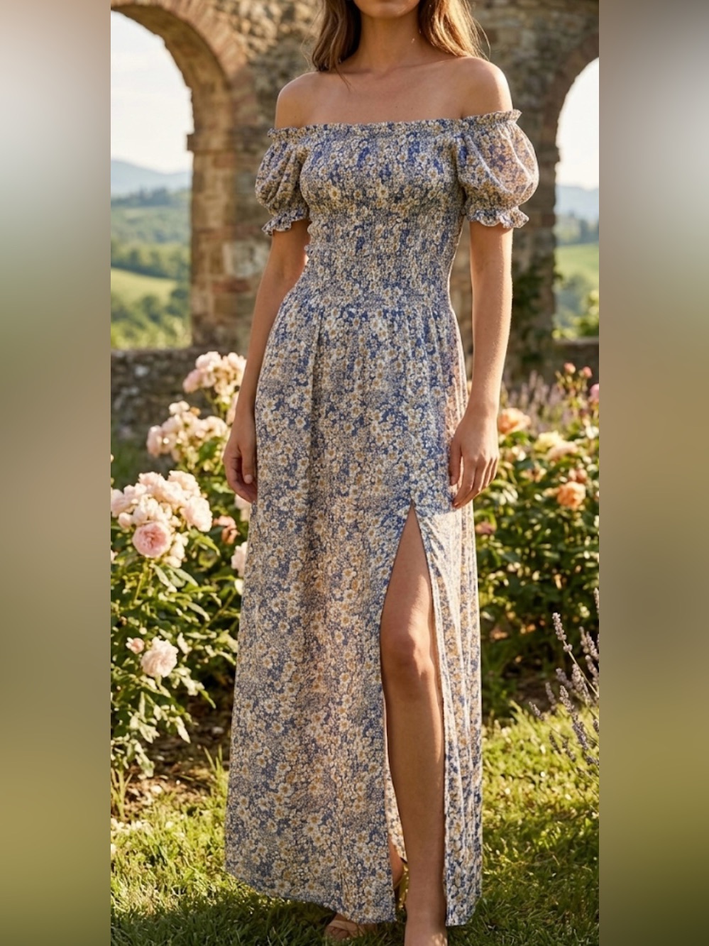 AQUA Blue & Yellow Floral Off-the-Shoulder Smocked Maxi Dress - Size Small